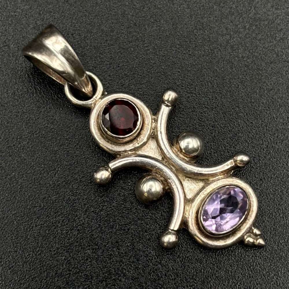 Vintage Sterling Silver Pendant Purple Amethyst Red Garnet Tribal 1.7"